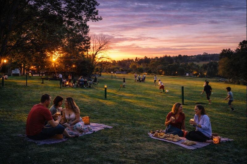 Picnic setup with guests in a scenic outdoor setting at sunset