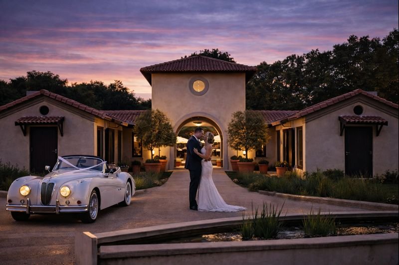 Couple at a venue entrance during sunset with a vintage car