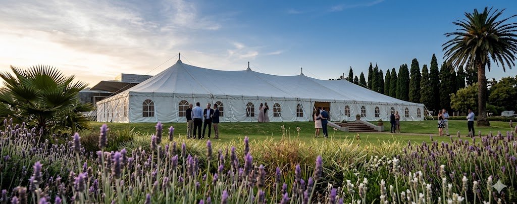 Spacious marquee tent set up in a garden with lavender flowers