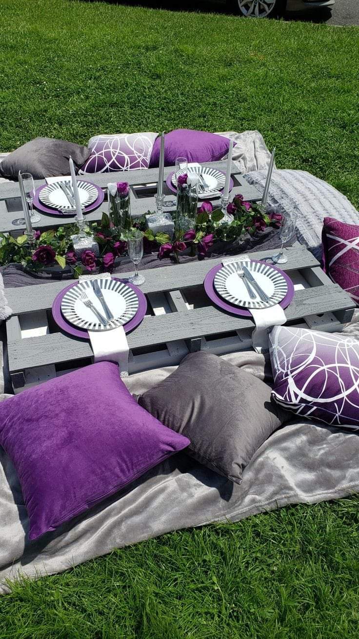 Styled picnic setup with table, cushions, and decorative elements.