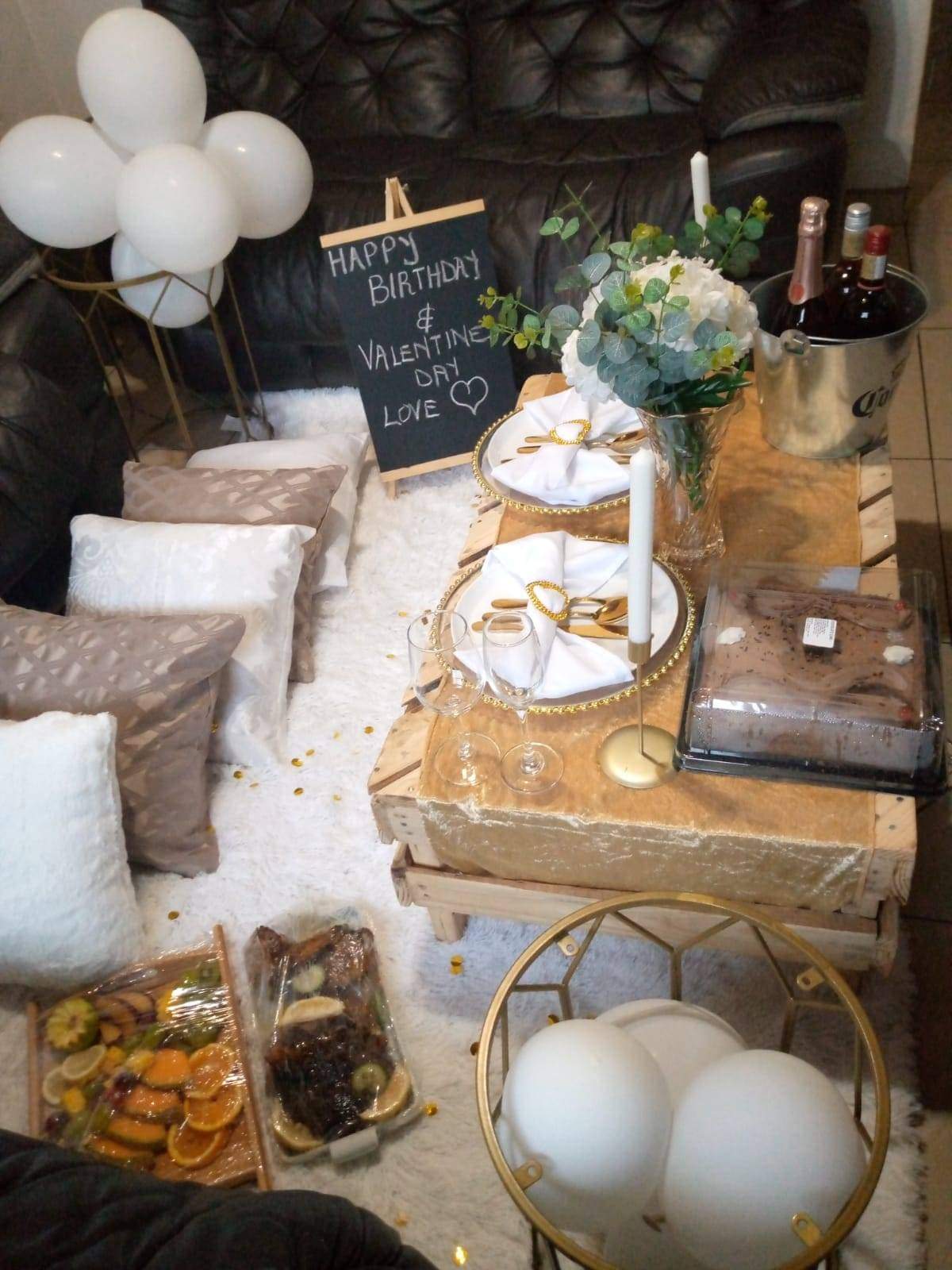 Cozy celebration setup with decorative elements and food