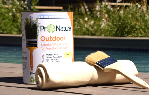 ProNature Outdoor Wood Sealer can and brush on wooden surface