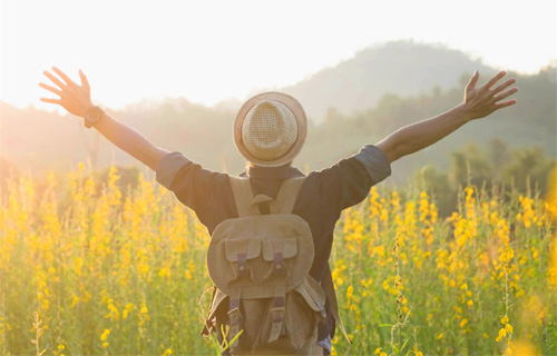 Person with arms outstretched in a field during sunset