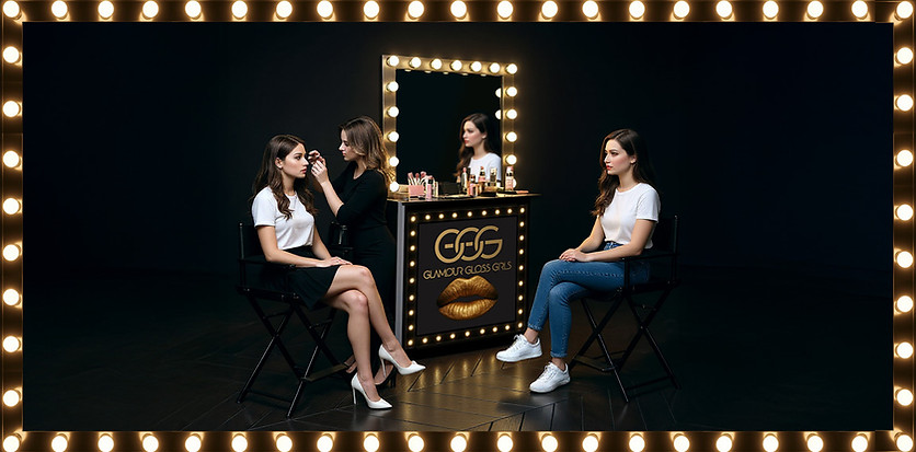 Glamour Gloss Girls makeup bar with two clients and a stylist