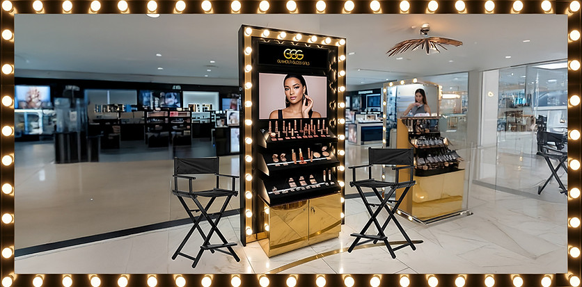 Glam Bar setup with lighting and beauty products