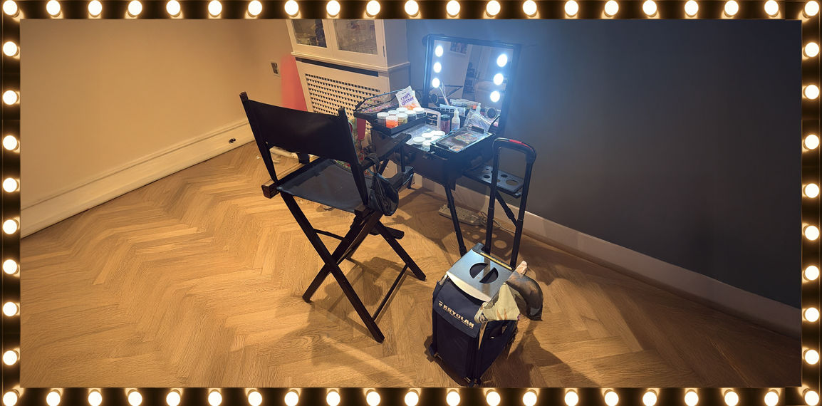 Makeup station with lighting and tools for beauty services