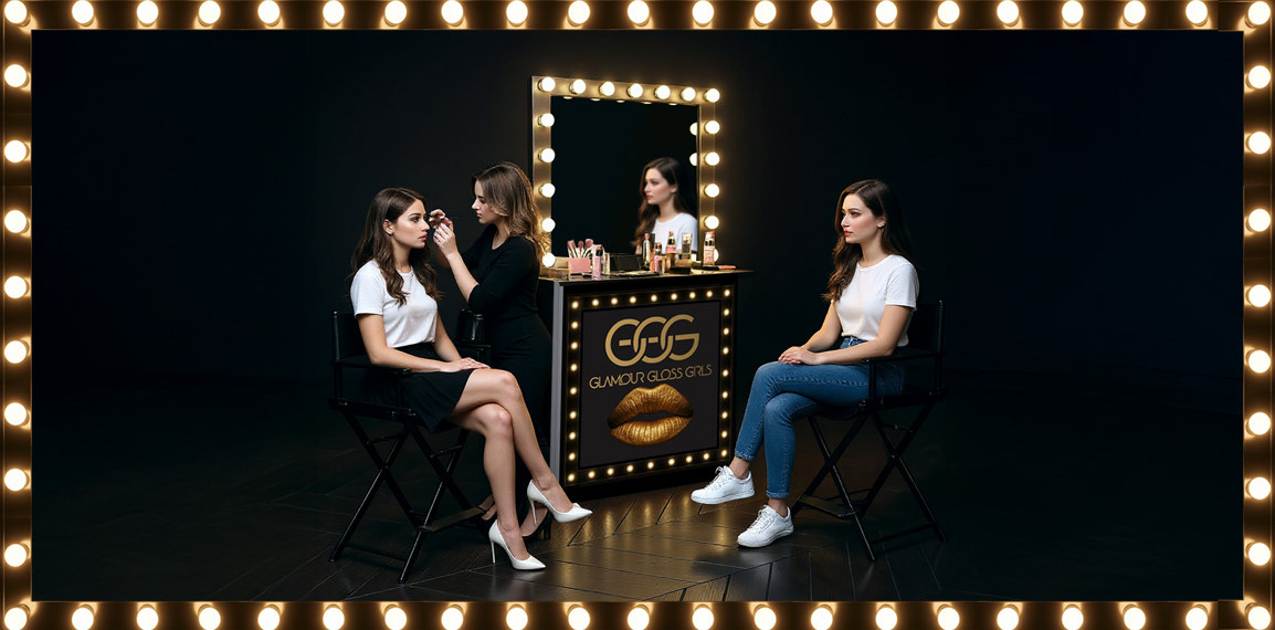 Two women at a makeup bar with a mirror and products
