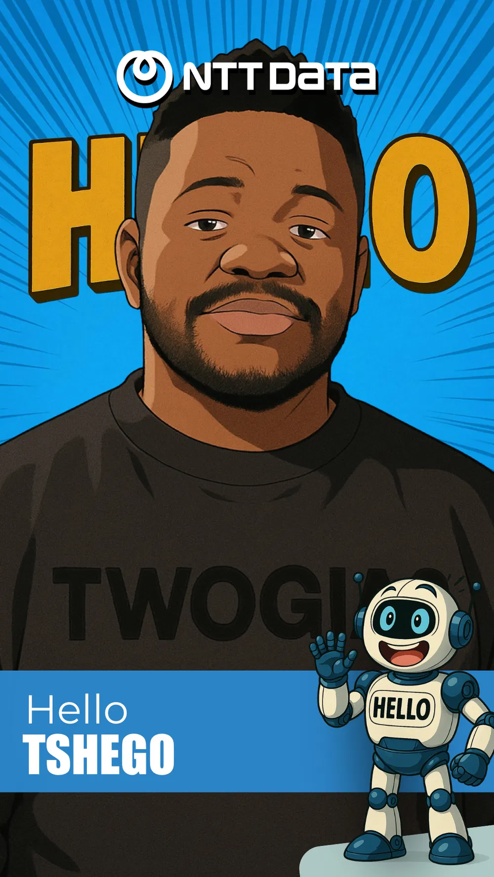 Cartoon character named Tshego with a robot saying hello.