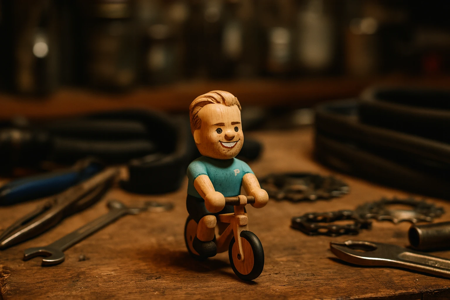 Wooden figurine of a man on a bicycle with tools in background