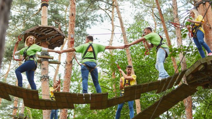 Group of people navigating a treetop adventure course