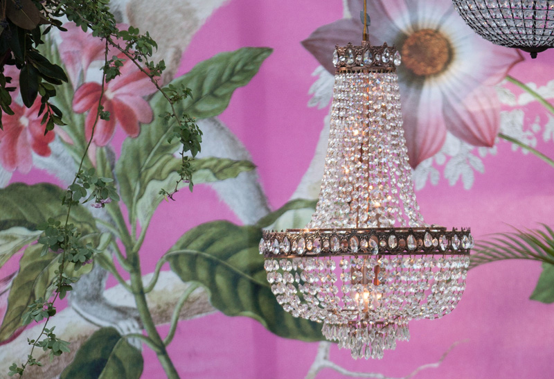 Crystal chandelier against a pink floral backdrop