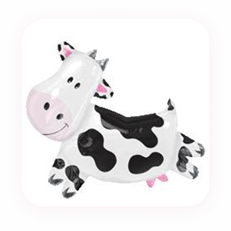 Inflatable cow balloon in black and white design.