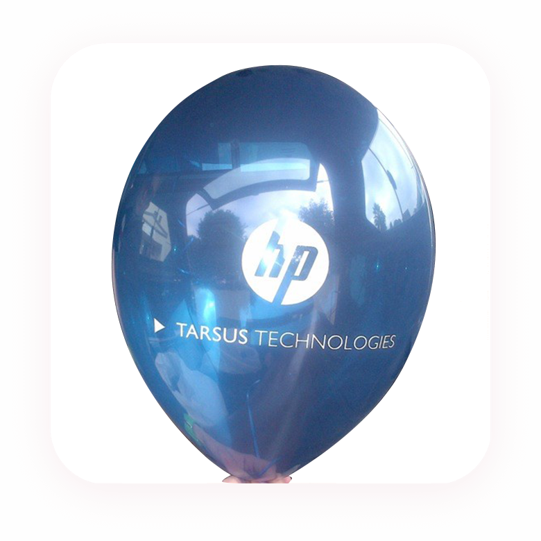 Blue branded helium balloon with Tarsus Technologies logo