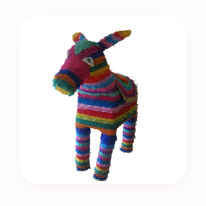 Colorful donkey-shaped piñata in bright stripes.