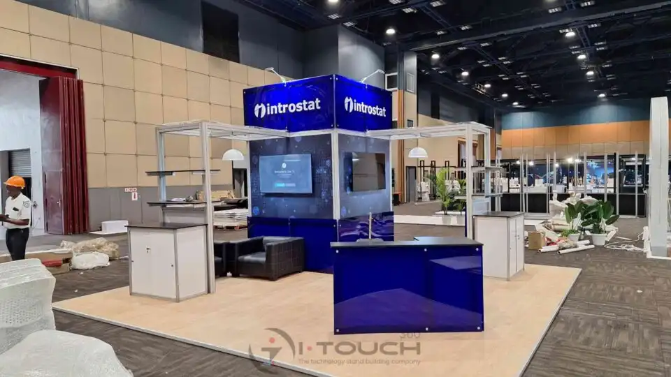 Custom exhibition stand with branding and interactive elements