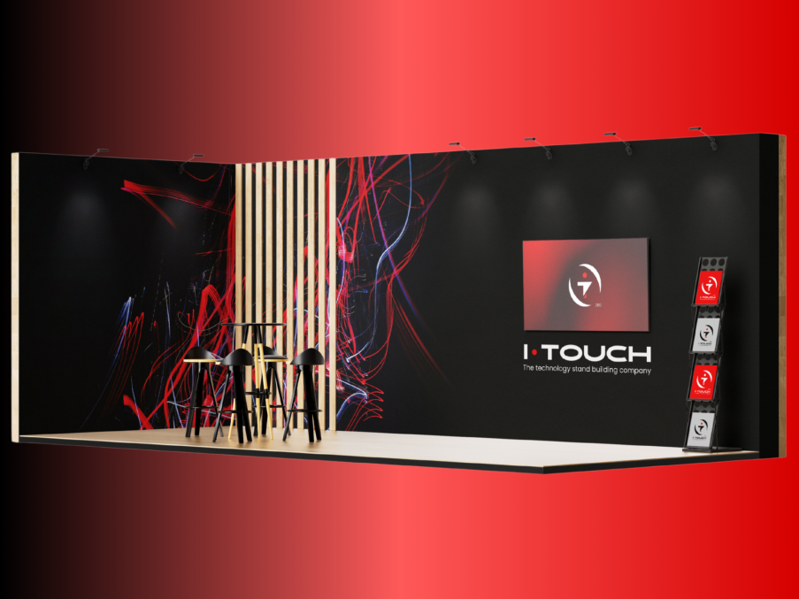 Custom exhibition stand with abstract design and seating