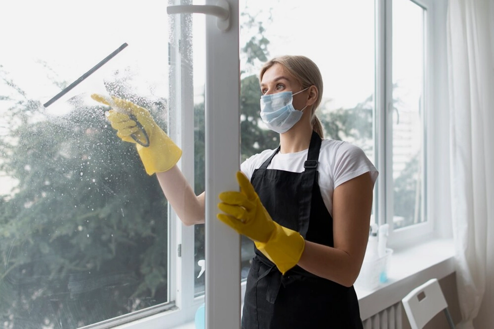 Cleaner with squeegee washing a window