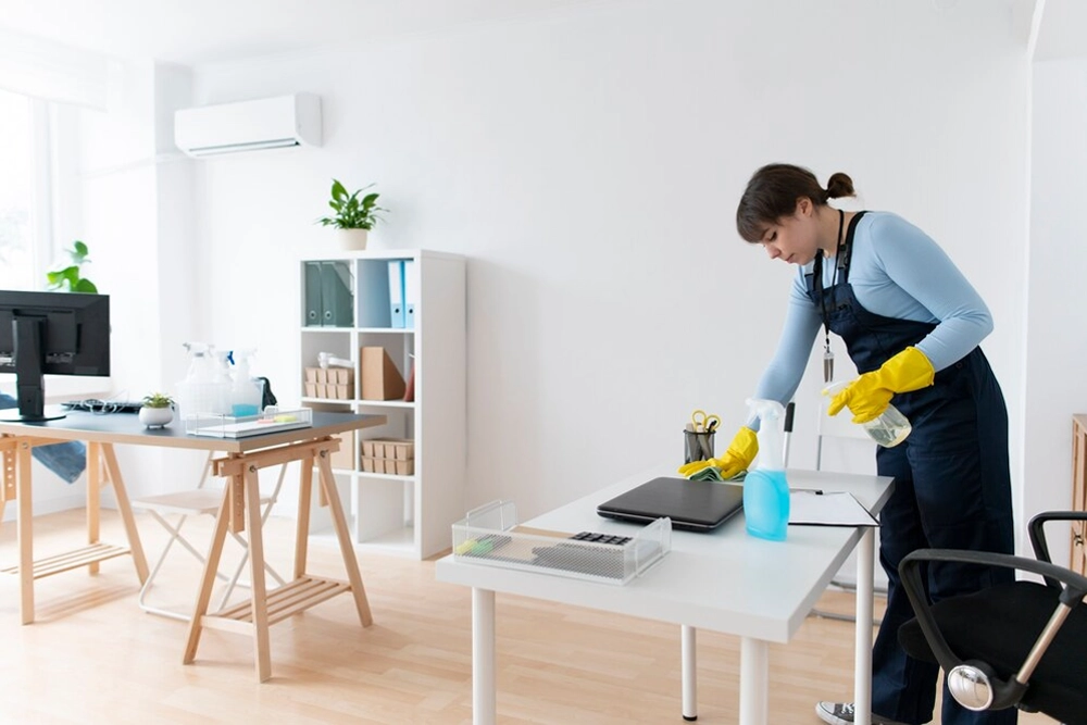 Person cleaning an office desk with gloves