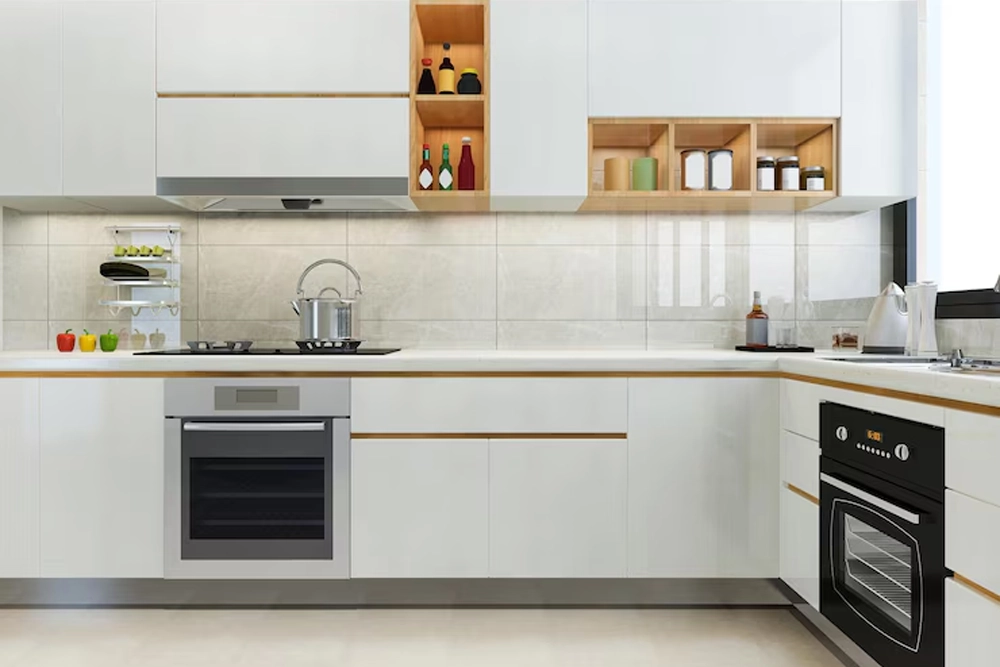 Contemporary kitchen with white cabinets and wooden shelves