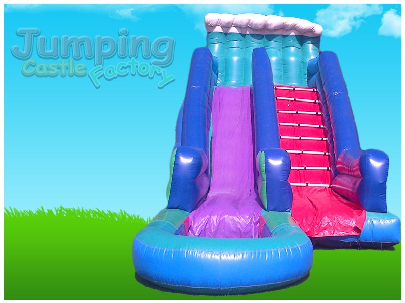 Bright blue and pink inflatable water slide