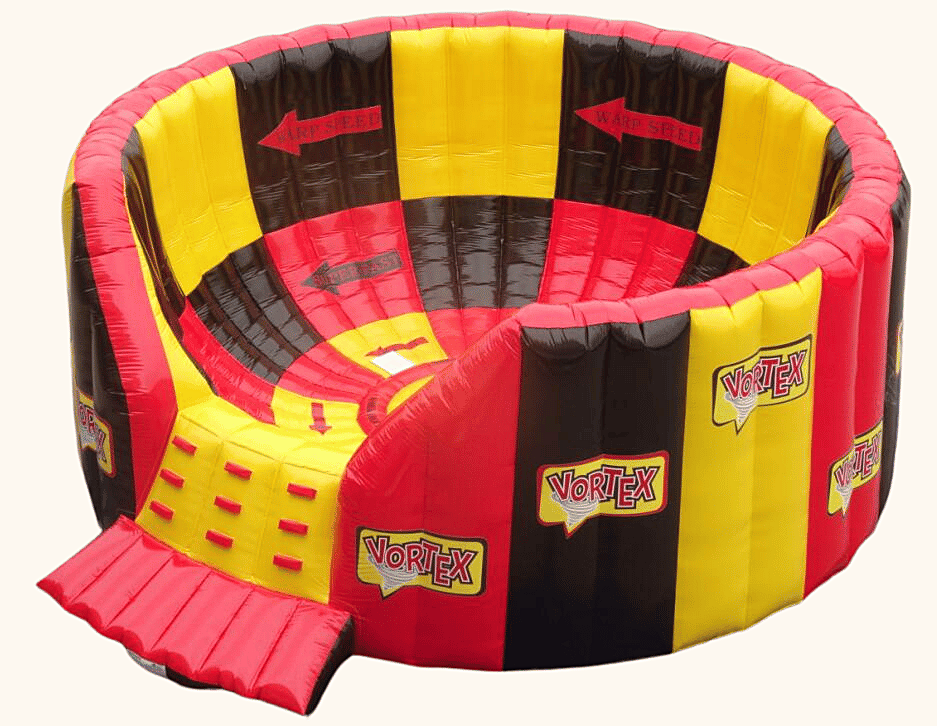 Vortex inflatable ride in red, black, and yellow.
