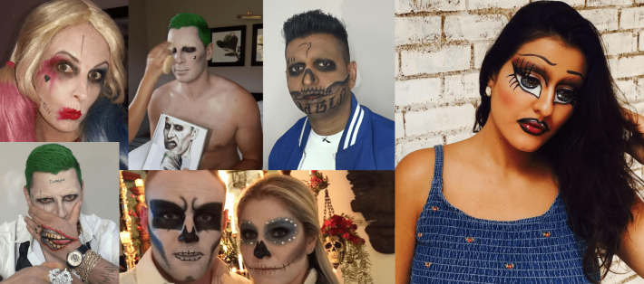 Collage of diverse character makeup styles for events.
