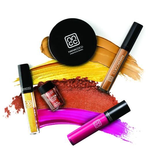 Colorful makeup products arranged on a surface
