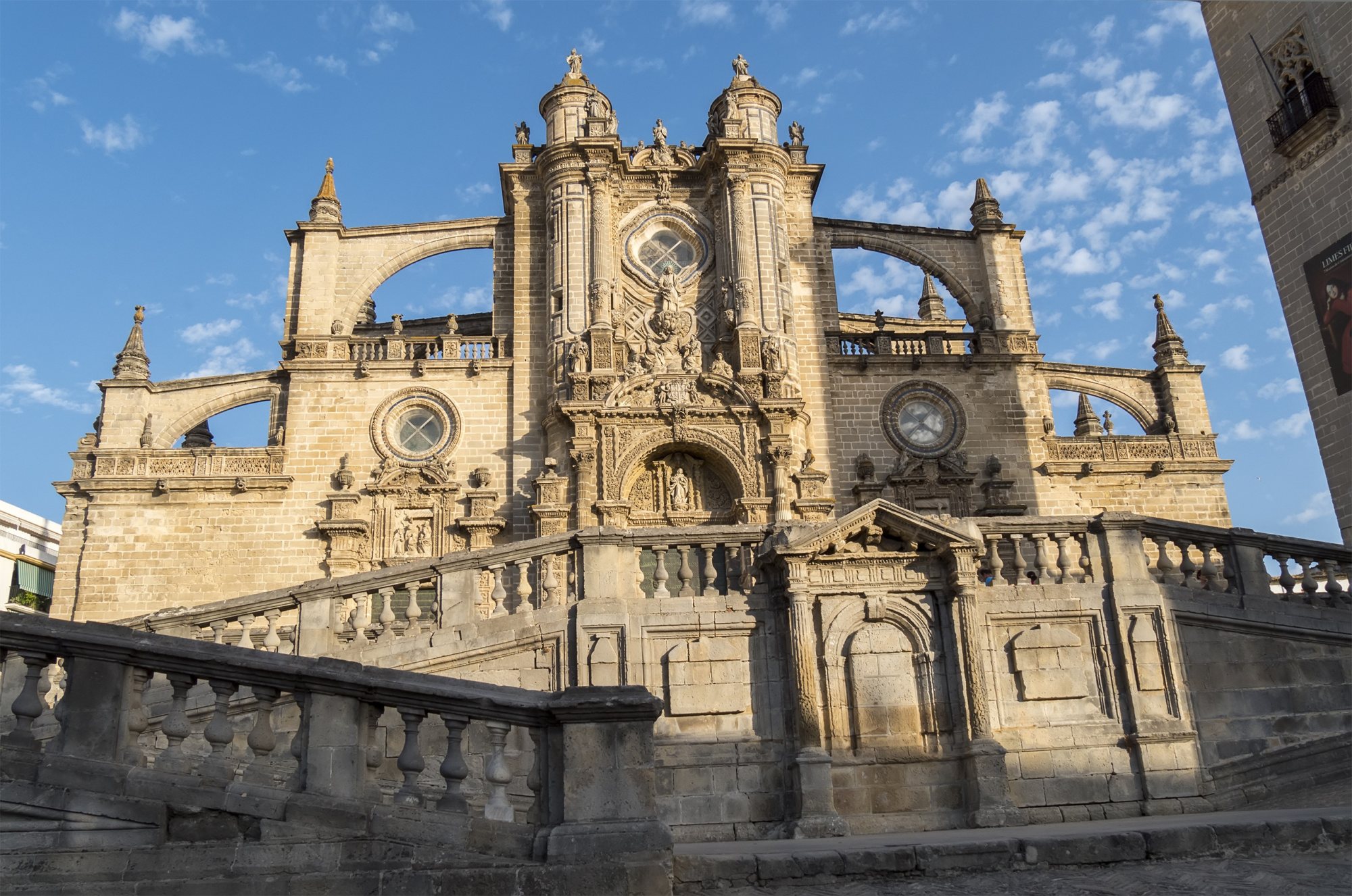 Detailed exterior of a historic building with stairs