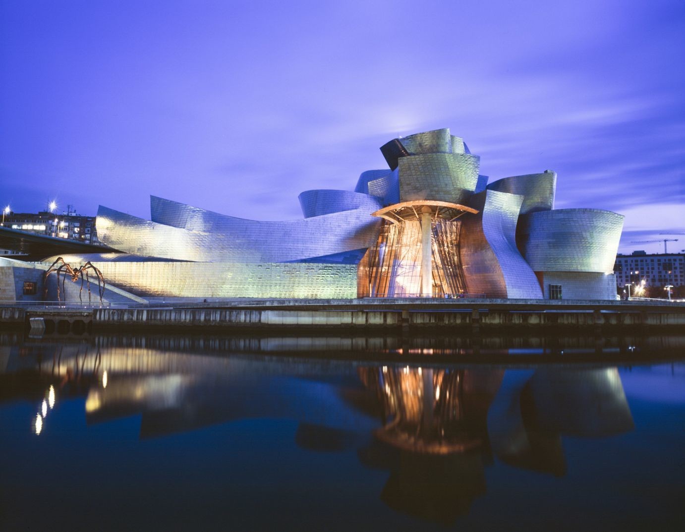 Contemporary building with unique design at dusk
