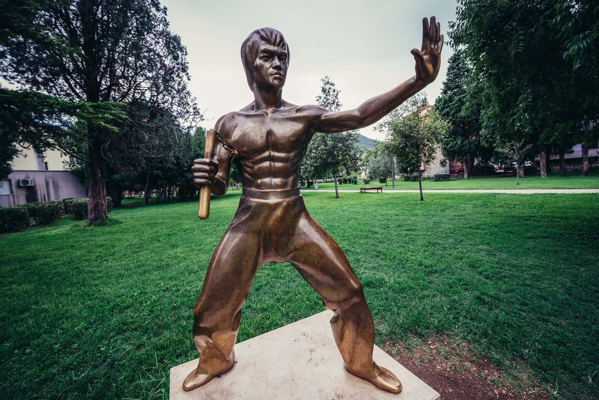 Bronze statue of Bruce Lee in a park