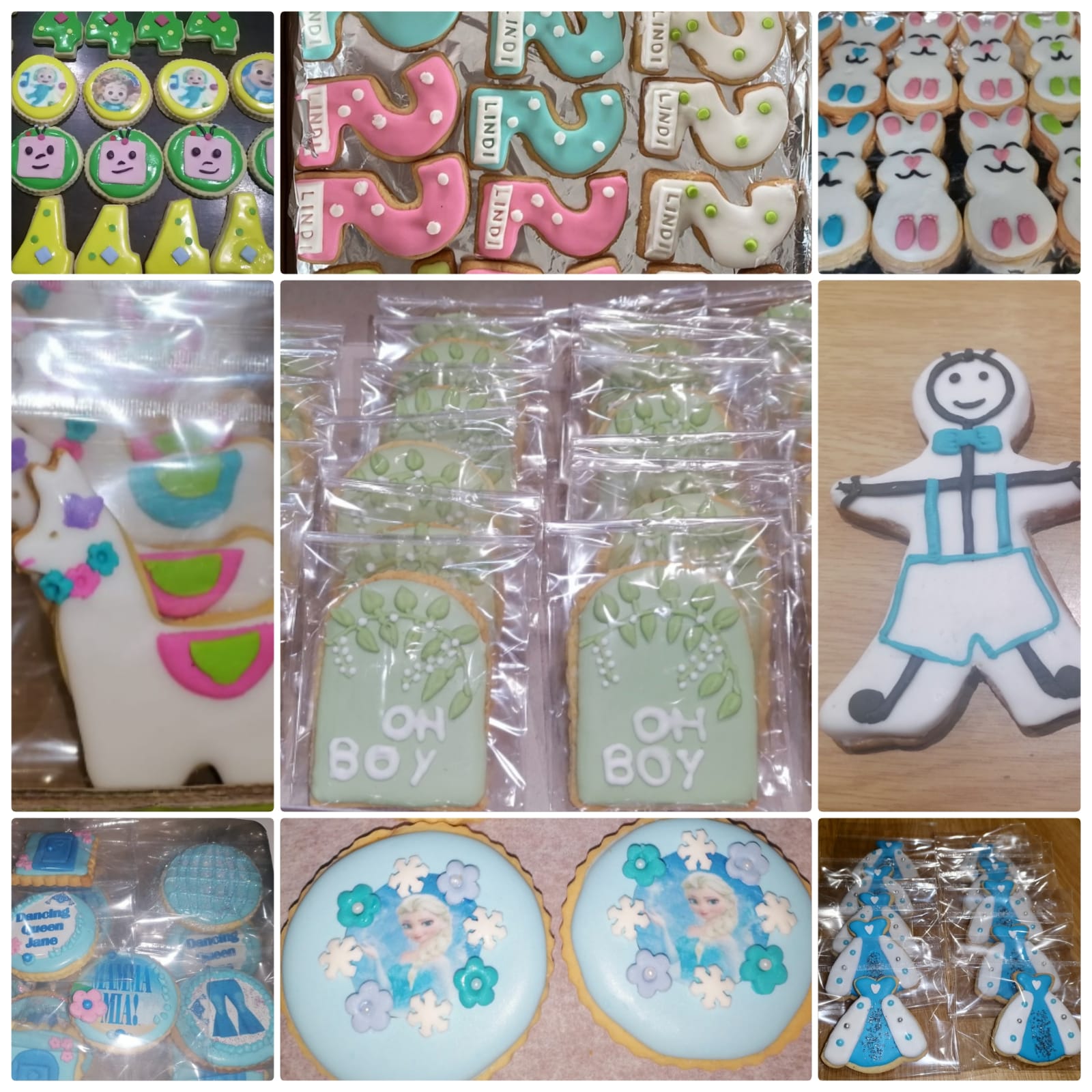 Variety of custom decorated cookies in different shapes and colors