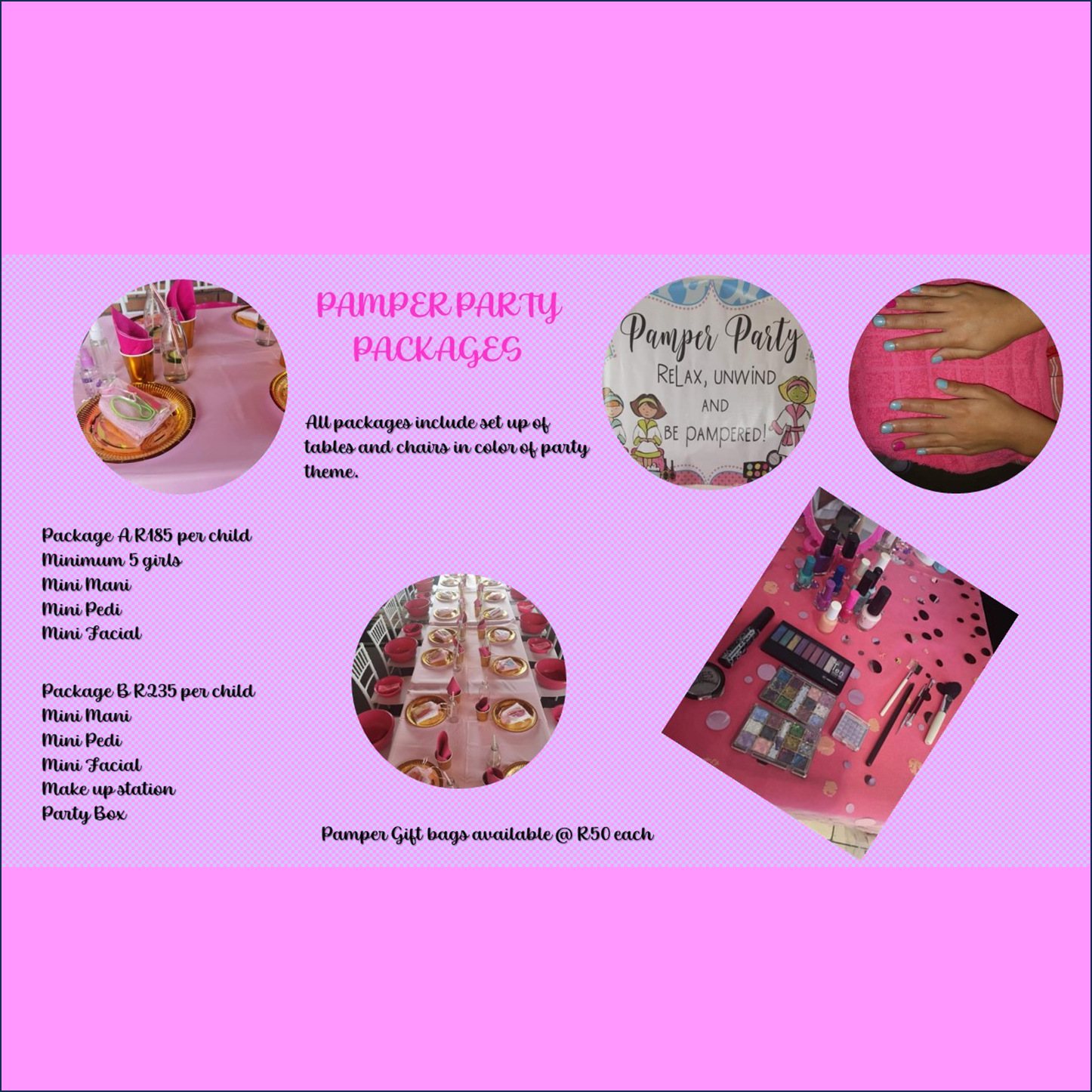 Pamper party package details with colorful table setup and beauty items