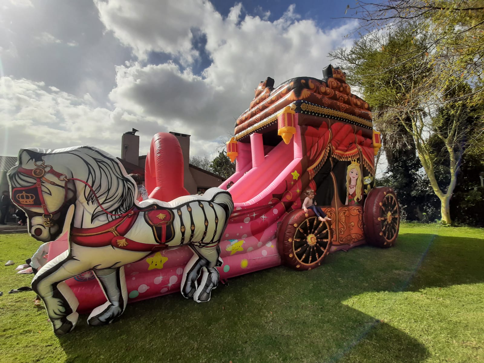 Pink carousel water slide with a horse and princess design