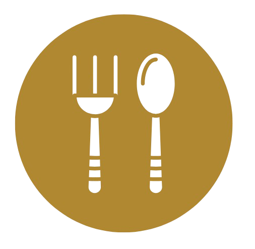 Stylized fork and spoon icon on a gold circle
