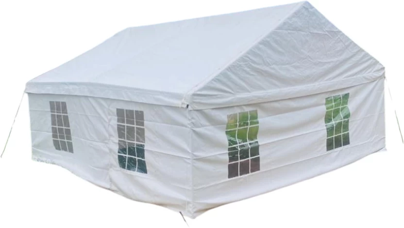White frame tent with windows for outdoor events
