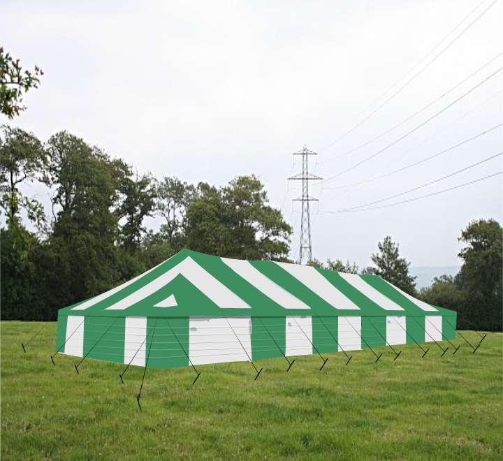 Large green and white striped event tent on grass