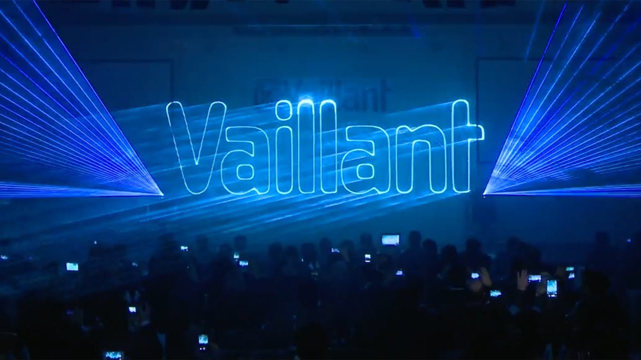 Laser light display featuring the word Vaillant illuminated