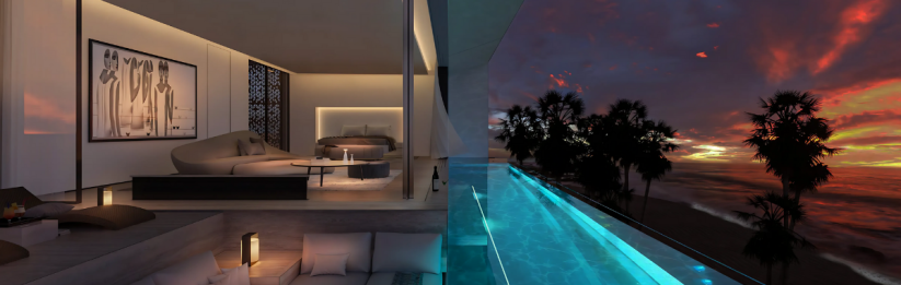 Stylish indoor lounge area with outdoor pool and sunset view