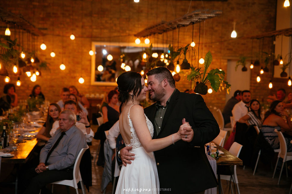Couple dancing on a starlit dance floor surrounded by guests