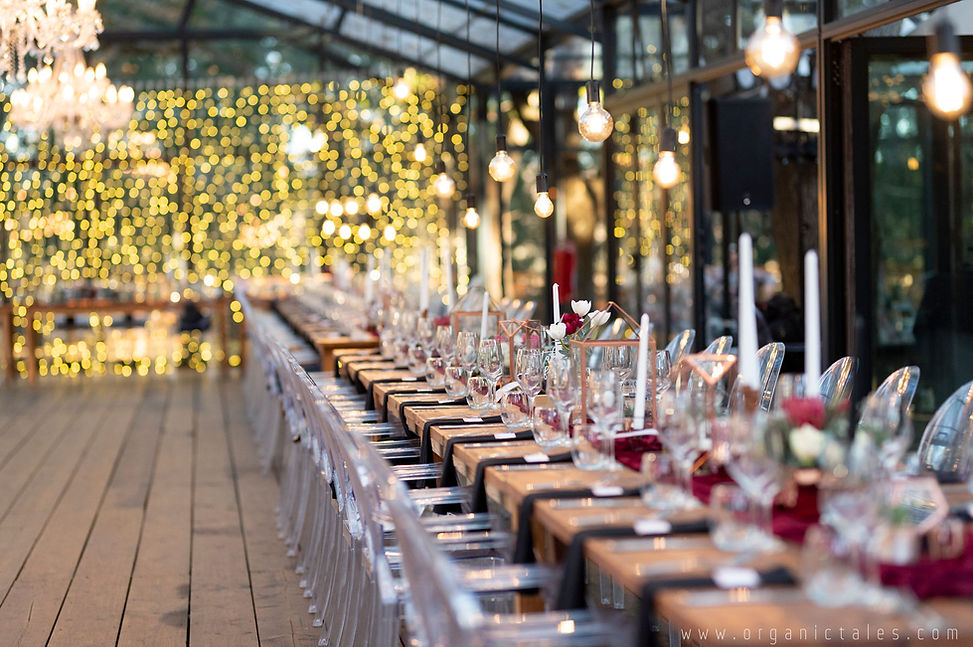 Long table set for an event with fairy lights in the background