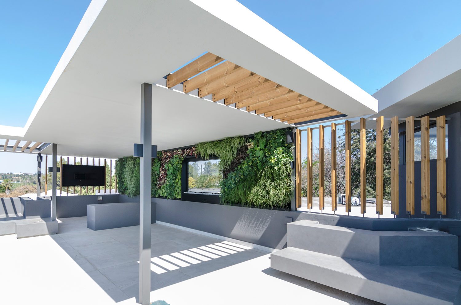 Vertical garden with green plants and architectural wood accents