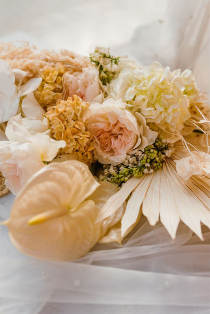 Beautiful arrangement of soft-colored flowers and textures