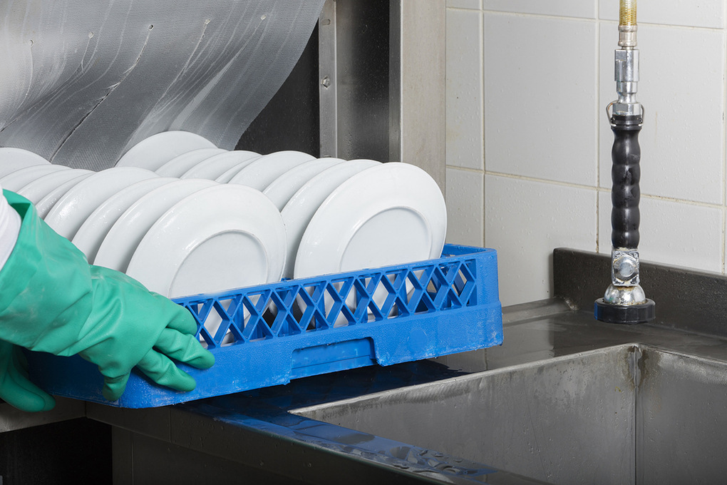Worker placing clean plates in a kitchen sink