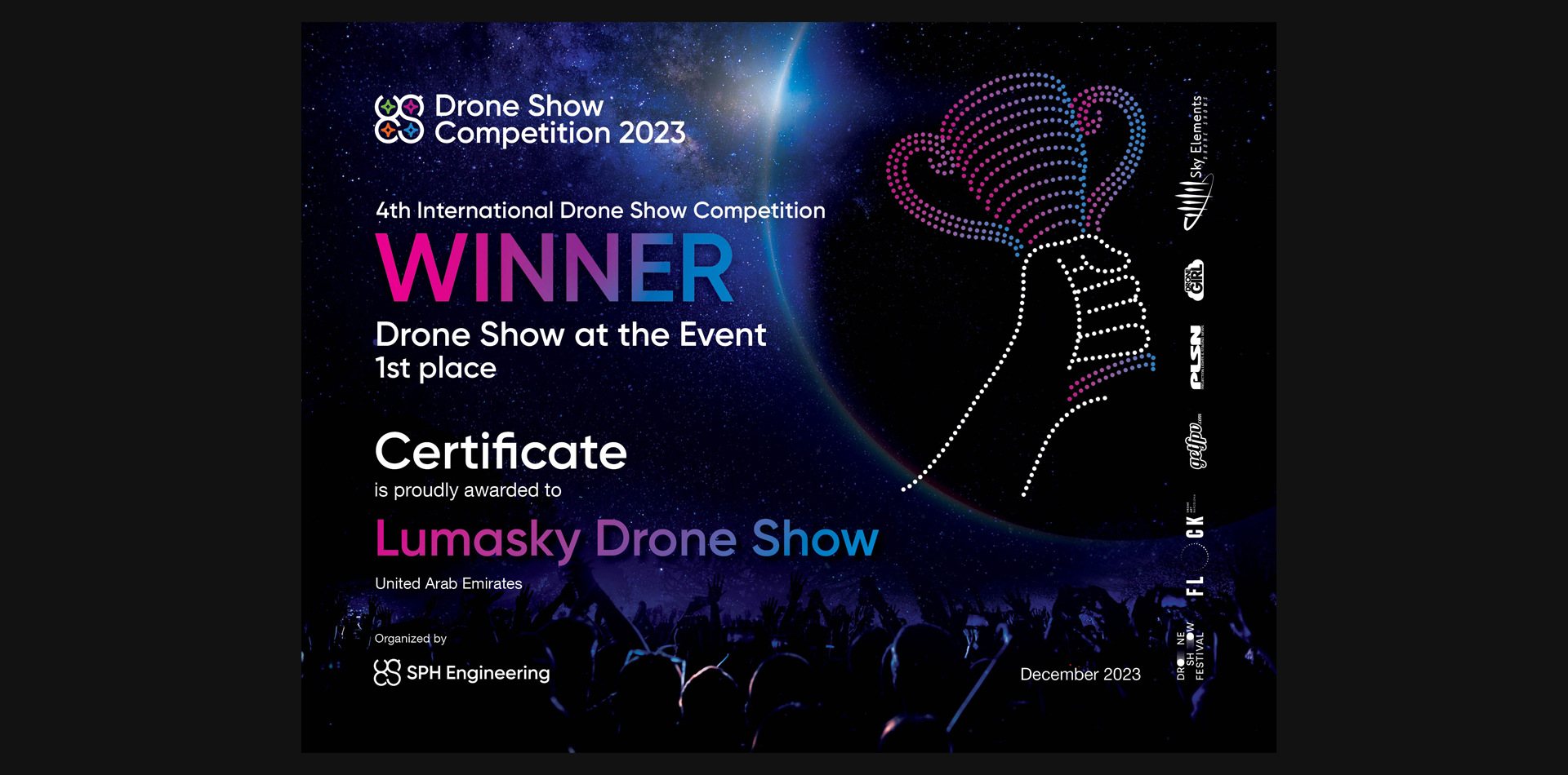 Certificate awarded to Lumasky Drone Show for winning a competition