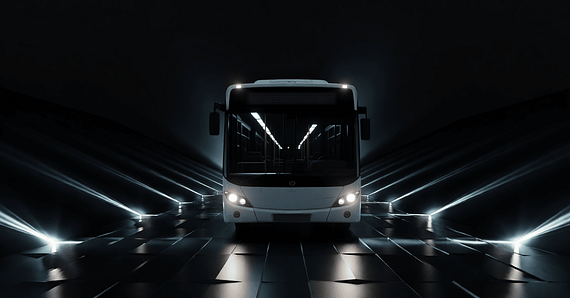 A modern transport bus displayed in a dramatic environment.