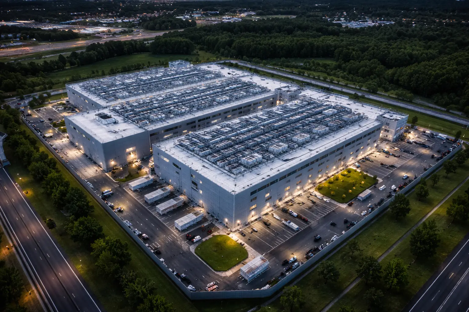 Aerial view of a large event planning facility with parking and green areas.