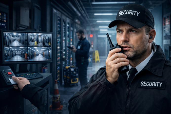 Security personnel managing surveillance and communication equipment