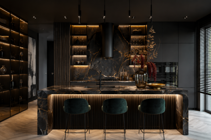 Modern kitchen with dark marble countertops and elegant lighting