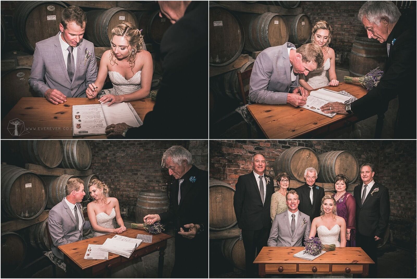 Couple signing marriage certificate in a cellar with family