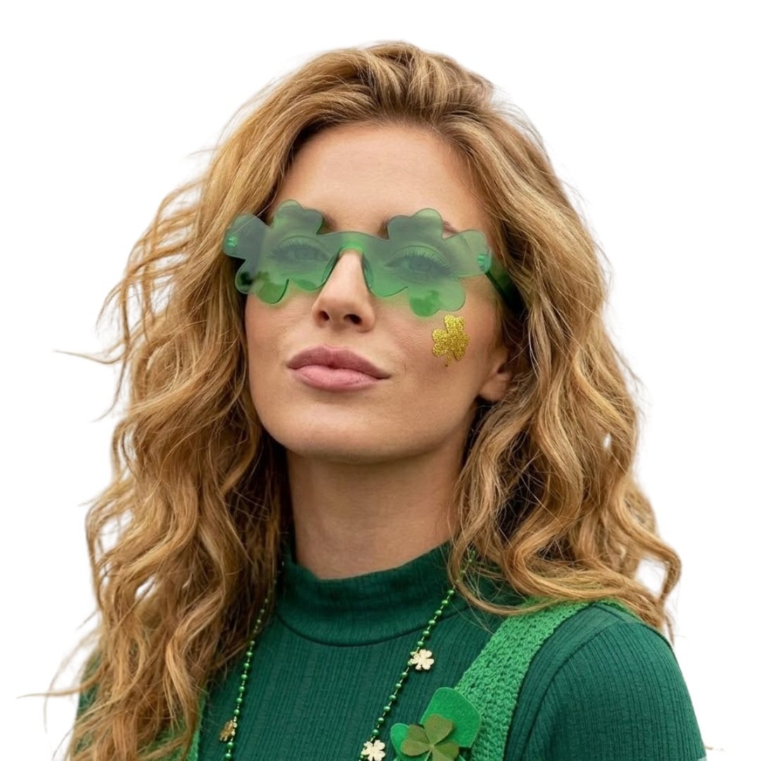 Model wearing green shamrock glasses and accessories